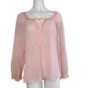 Ralph Lauren Embroidered Pink Boho Tie Neck Blouse Size Large L